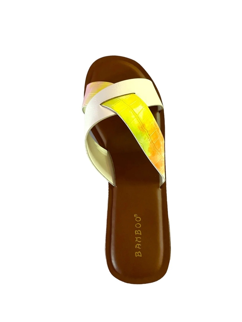 BAMBOO White & Yellow Slide Sandal with Brown Footbed